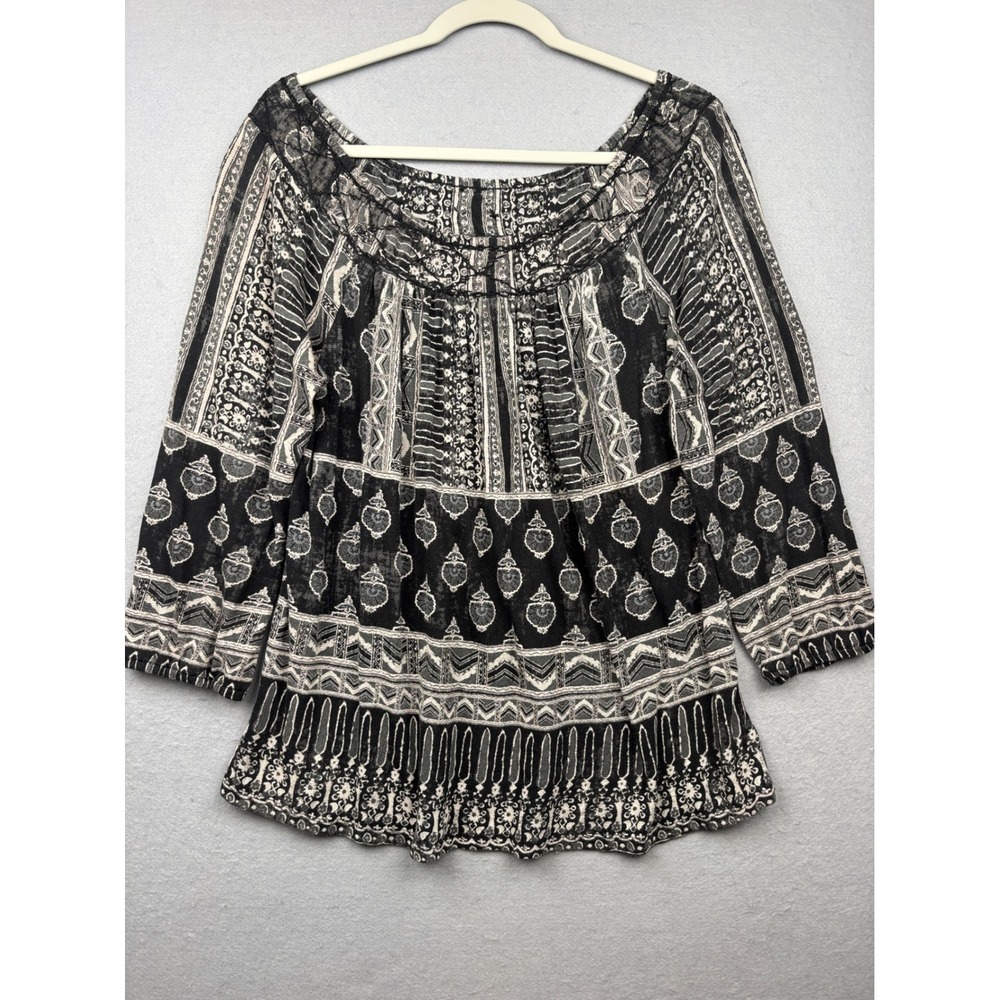 Lucky Brand Blouse Womens L Linen Blend Mixed Print Scoop Neck Peasant Top